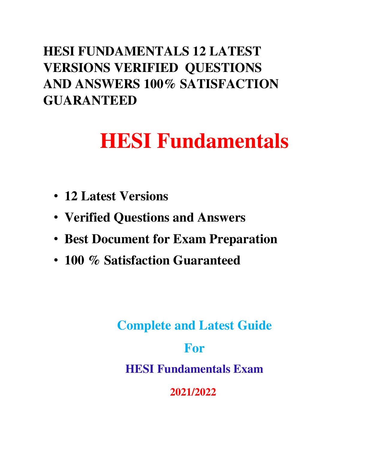 Preview image for HESI FUNDAMENTALS EXAMS (12 LATEST VERSIONS) VERIFIED QUESTIONS AND ANSWERS 2021/2022
